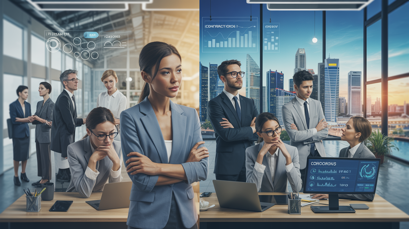Split-screen: a frustrated team in disarray, then confident in a sleek office with digital tools.