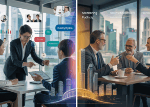 Split-screen office scene with coaching and mentoring in Singapore's business district.