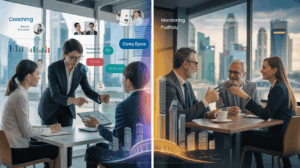 Split-screen office scene with coaching and mentoring in Singapore's business district.