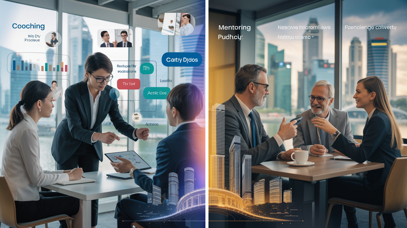 Split-screen office scene with coaching and mentoring in Singapore's business district.