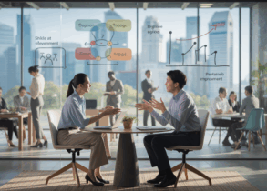 Two professionals in a modern Singapore office engaged in coaching, with skyline view.