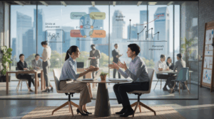 Two professionals in a modern Singapore office engaged in coaching, with skyline view.