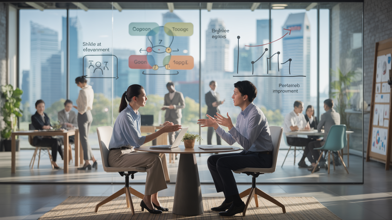 Two professionals in a modern Singapore office engaged in coaching, with skyline view.